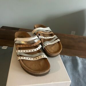 Naot Women's Multi-Strip Slide Sandals in Metallic Silver and Brown